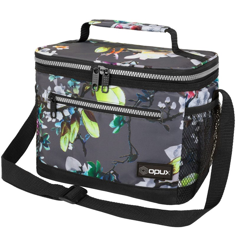 opux Insulated Lunch Box Men Women, Lunch Bag for Work School, Leakproof Soft Cooler Tote Adult, Large Lunch Pail Kids Boys Girls, Picnic Beach Food Bag with Shoulder Strap, Grey Floral - Image 1